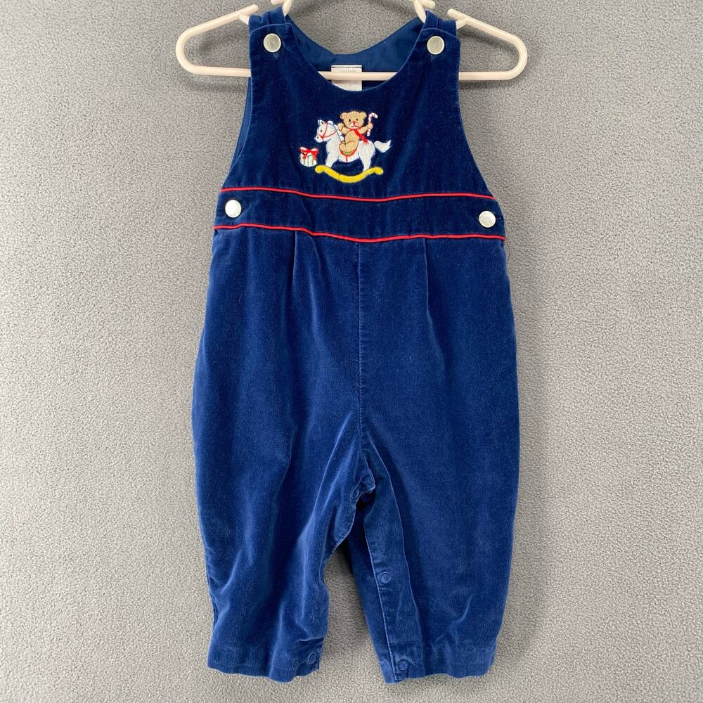Vtg 80s? Velvet Christmas Jumper Overalls 6-9mos Cotton Blue Rocking Horse Retro